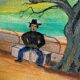 Jeux des Boules (1979) by Rossignol — Blue canvas painting, 61 x 38 x 3 cm, vintage French scene