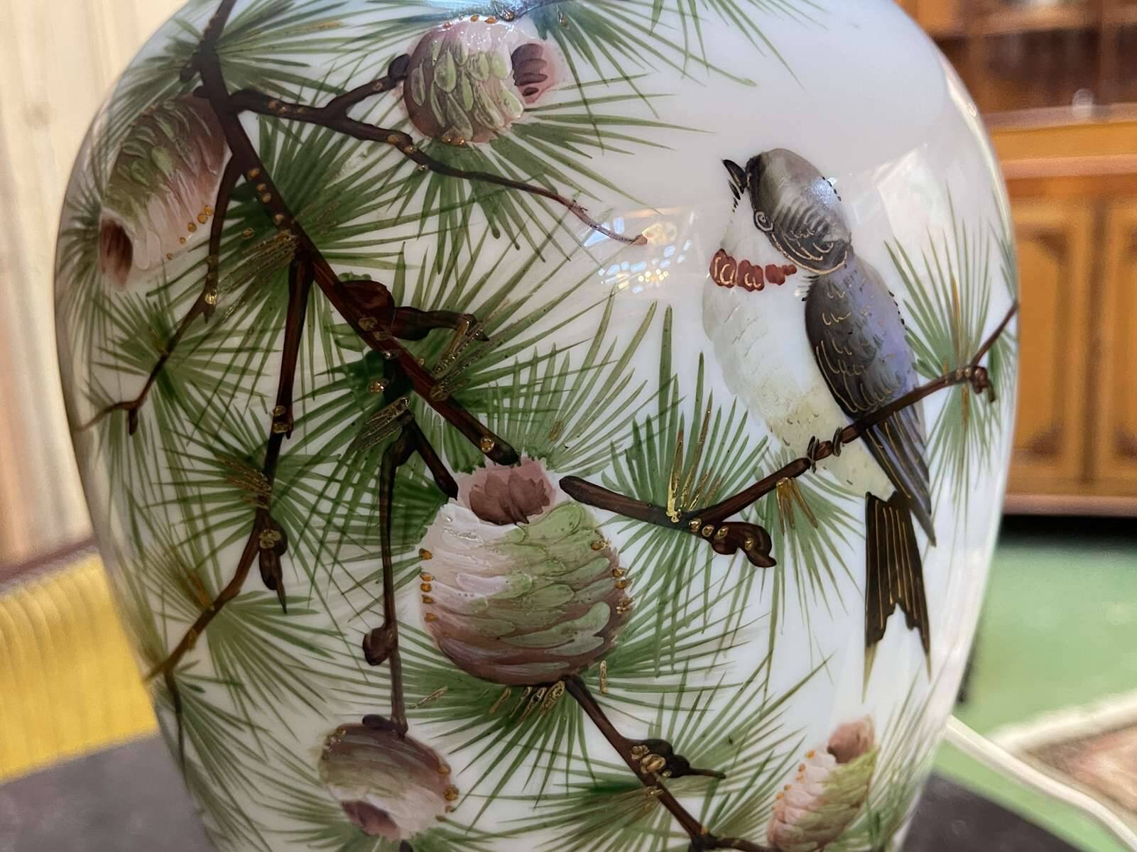 Napoleon III lamp in white opaline glass with bird decoration from the late 19th century
