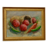 Huile sur panneau suédoise originale « Nature morte aux produits » par A. Kondrell