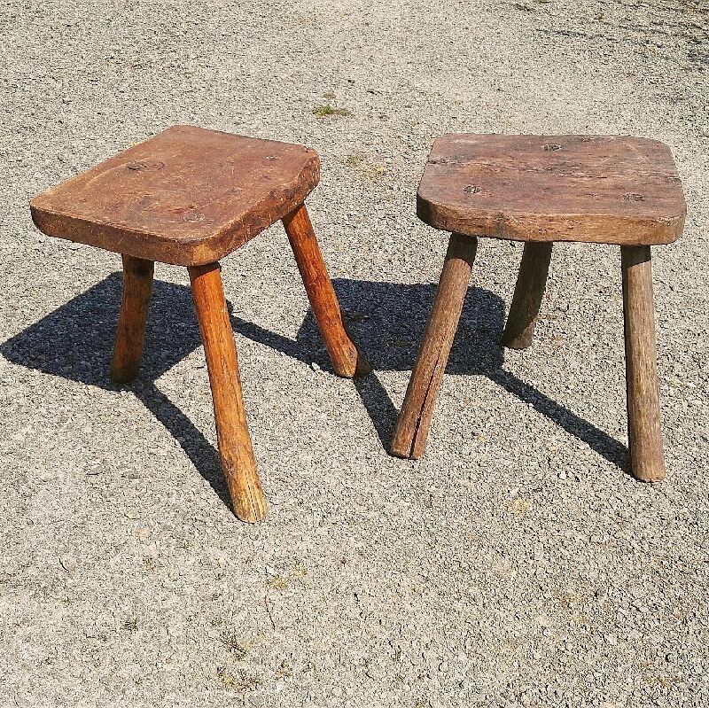Pair of brutalist tripod stools vintage wood countryside