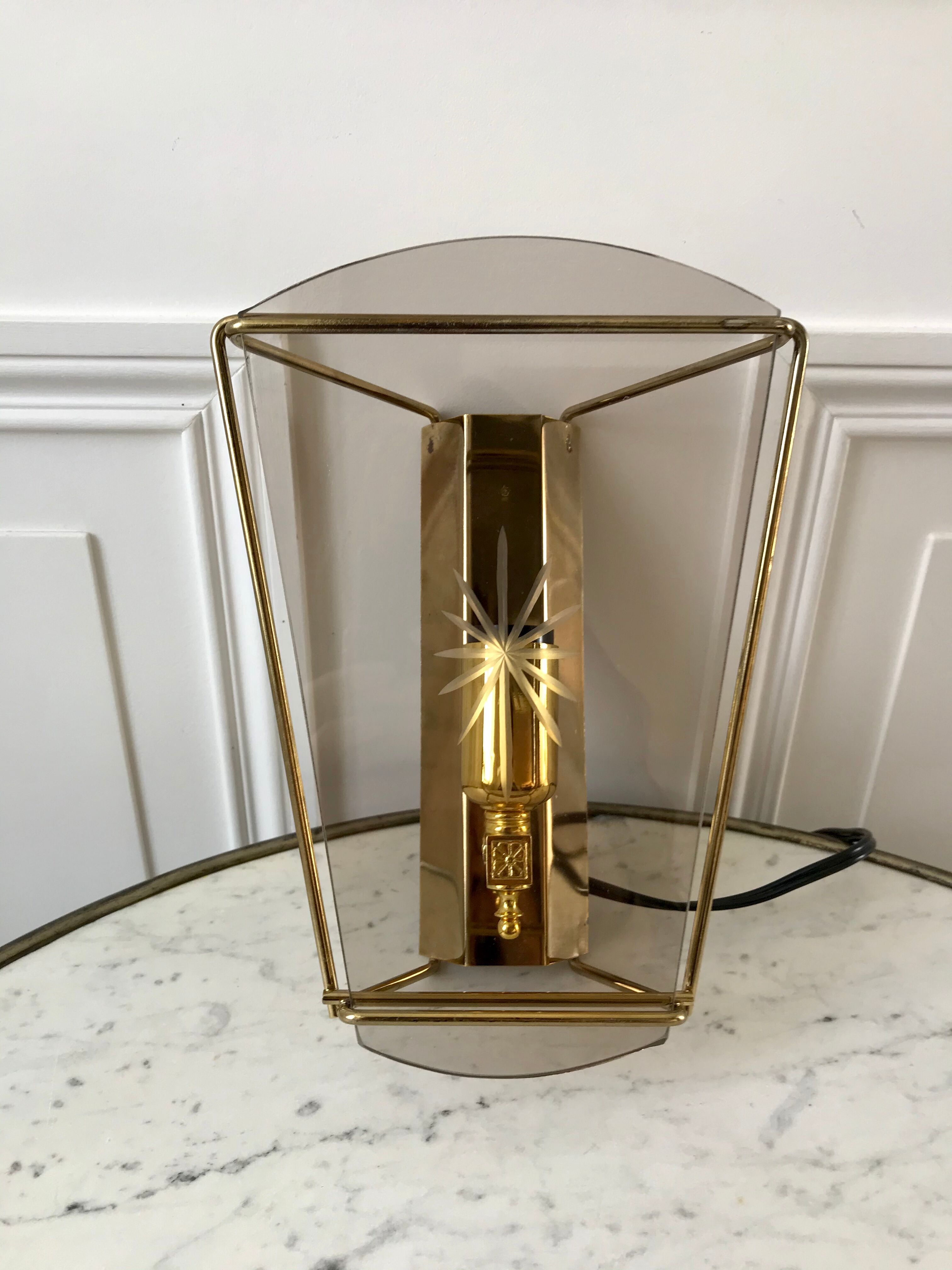 Wall lamp in smoked glass and golden metal 60s
