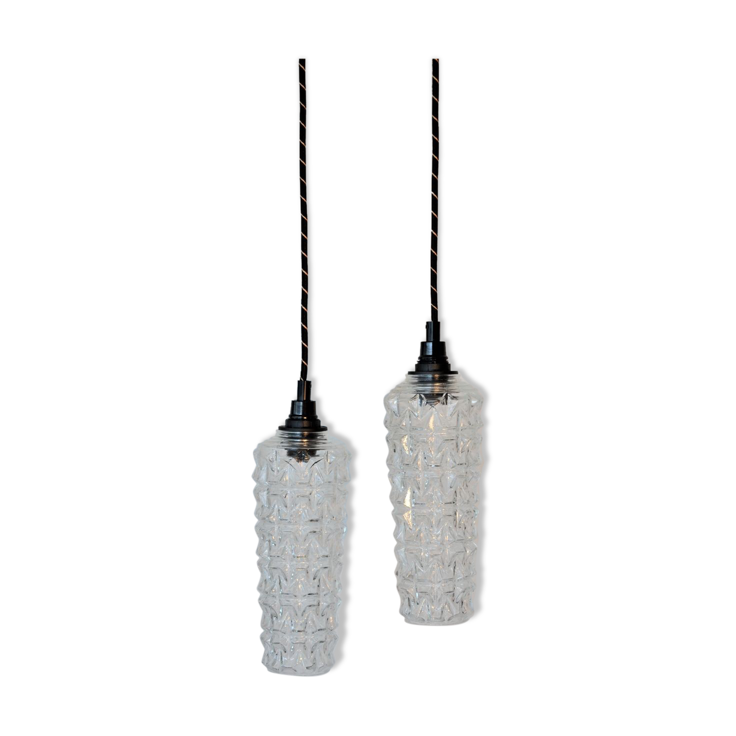 Pair of high-rise suspensions in chiseled glass - spindle shape of the 50s 60's -