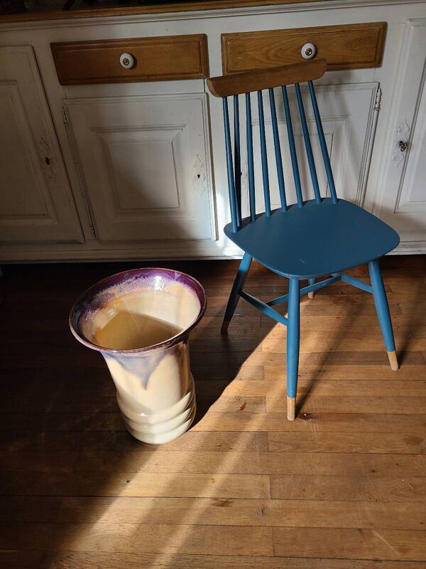Grand vase en céramique circa 50 émail bleu/violet/beige