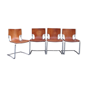 Suite of 4 chairs model 920 in chrome and leather by Carlo Bartoli