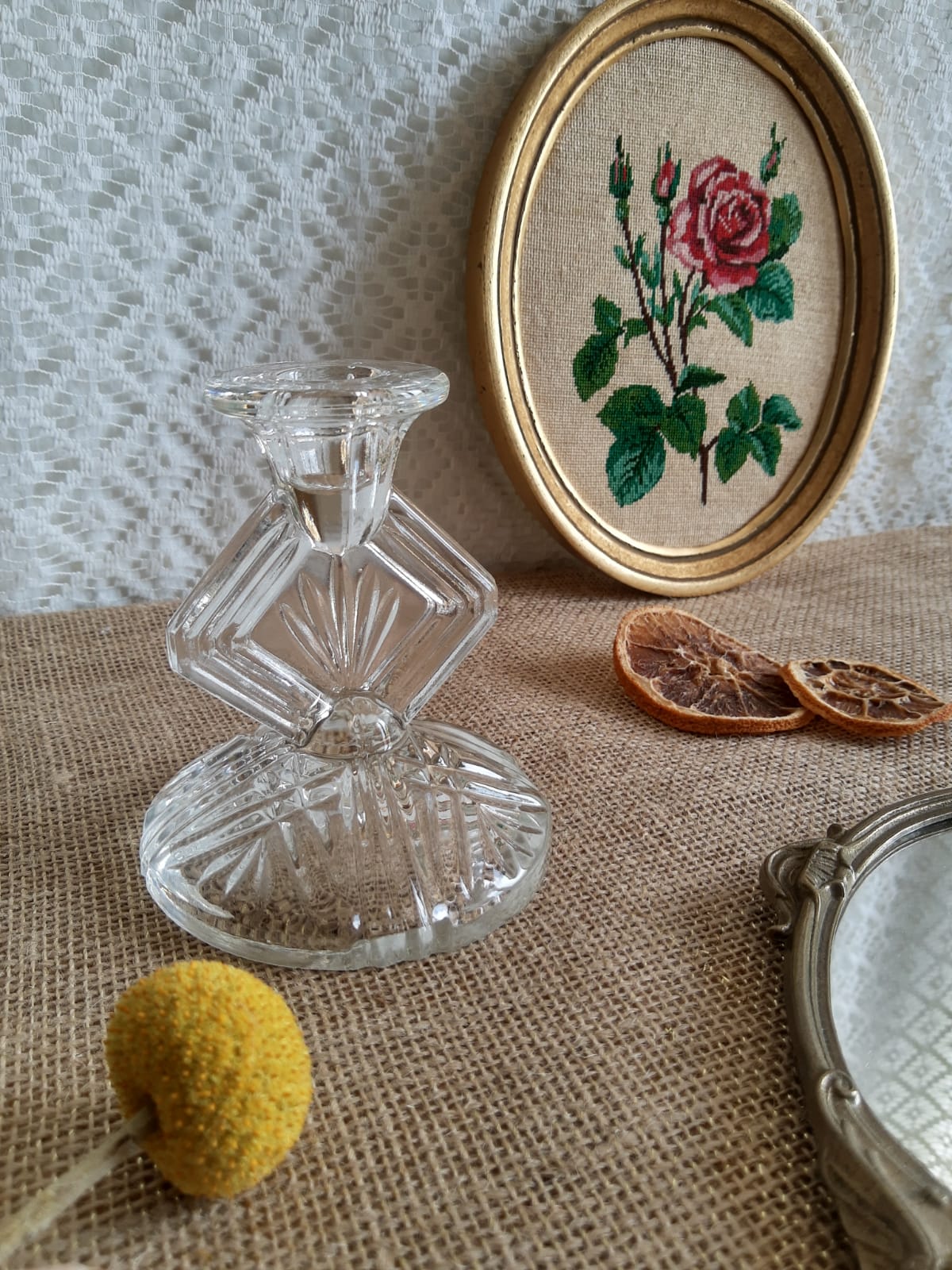 Art Deco chiseled glass candle holder - vintage