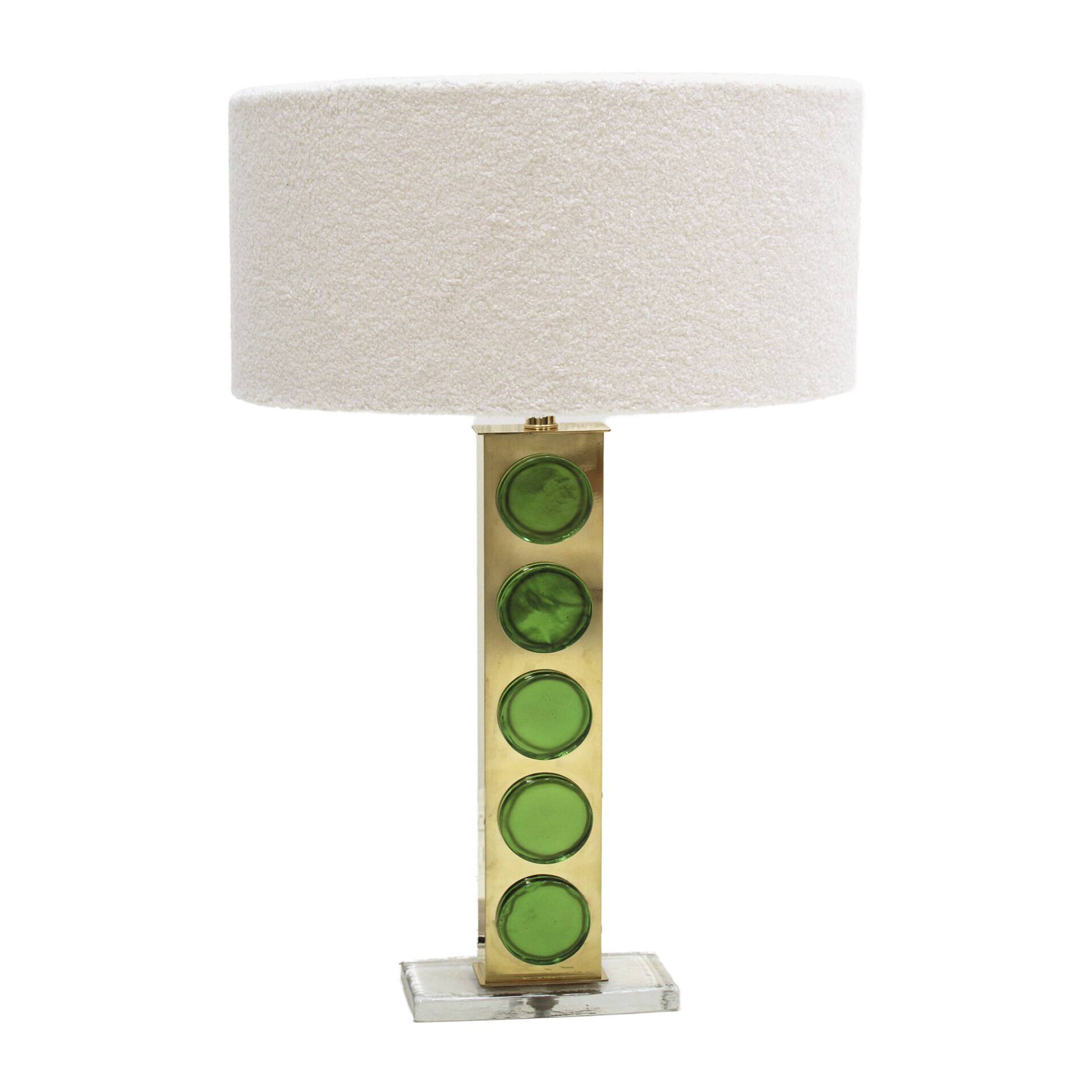 Mid Modern Style Pair of Brass Italian Table Lamps with Green Murano Glass