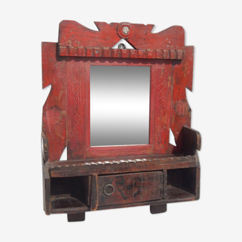 Miroir barbier ancien rouge tablette mural tiroir teck patine indien 42x10x53cm