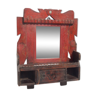 Mirror barbier ancient red tablet mural drawer teck indian skate 42x10x53cm