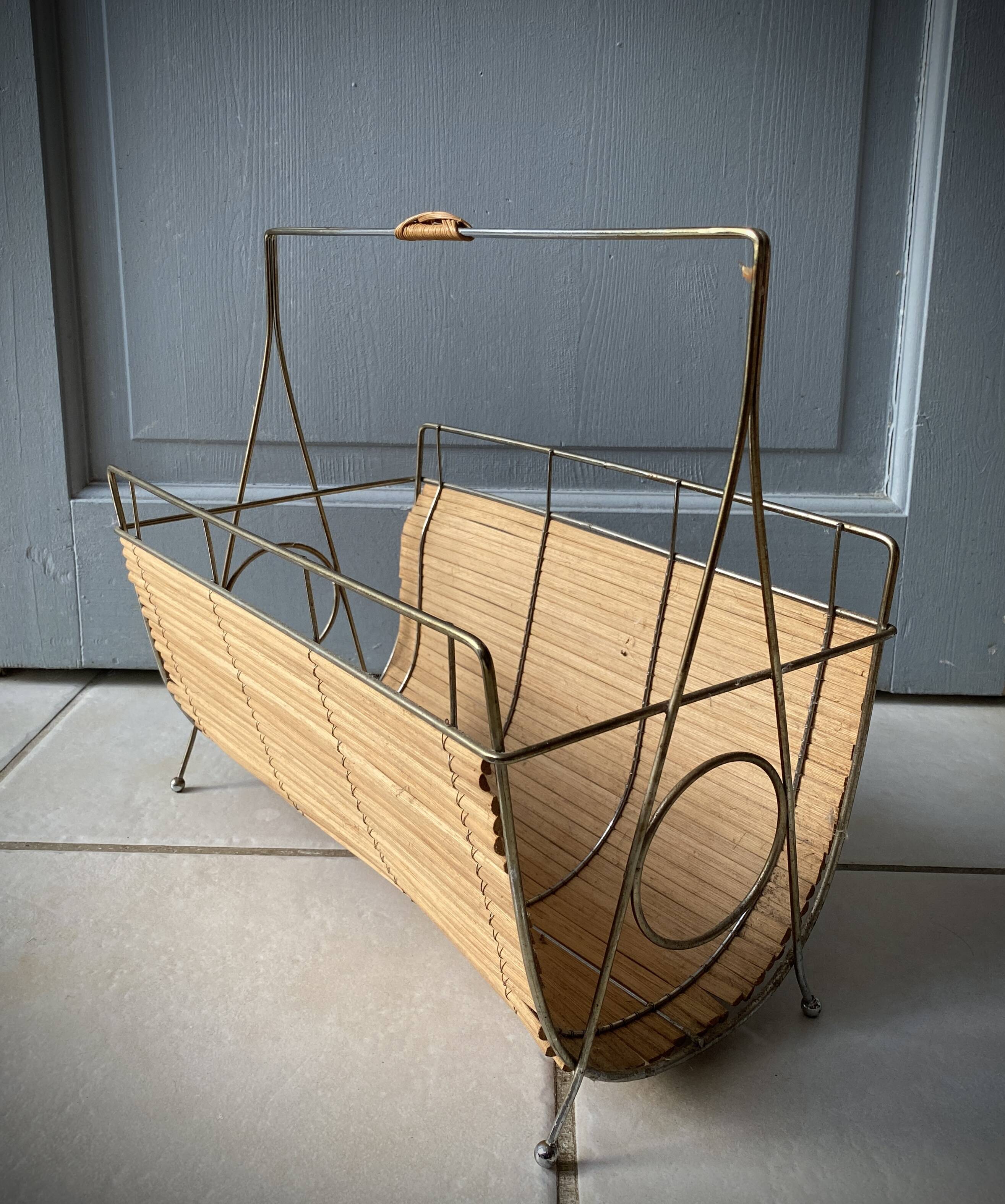 Vintage 1960s magazine rack / newspaper basket, brass & bamboo frame