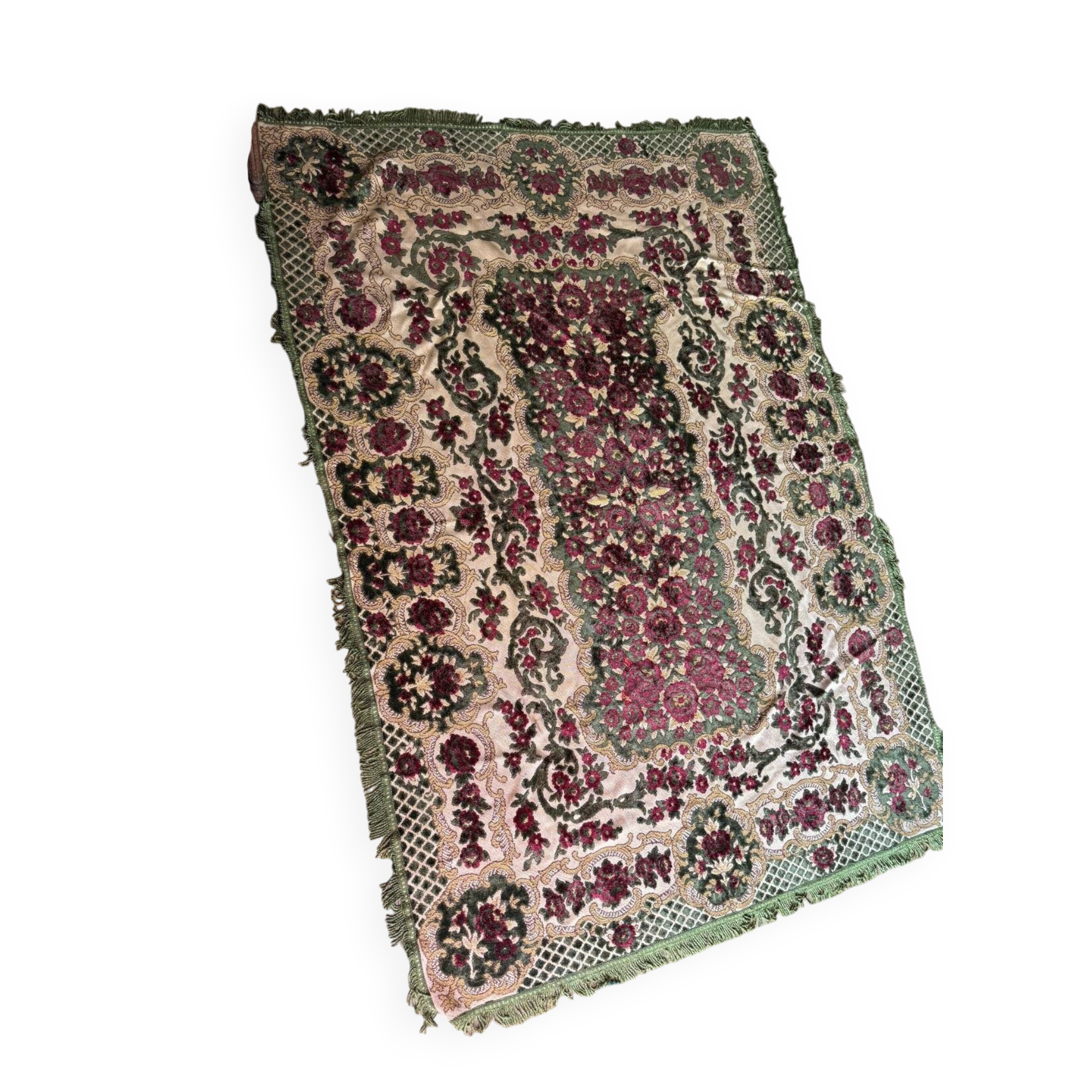 Old floral cotton velvet rug or throw with fringes, 180 x 130 cm