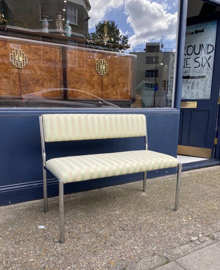 Chrome Bench Green Stripped 1970s Hollywood Regency Modernist Vintage