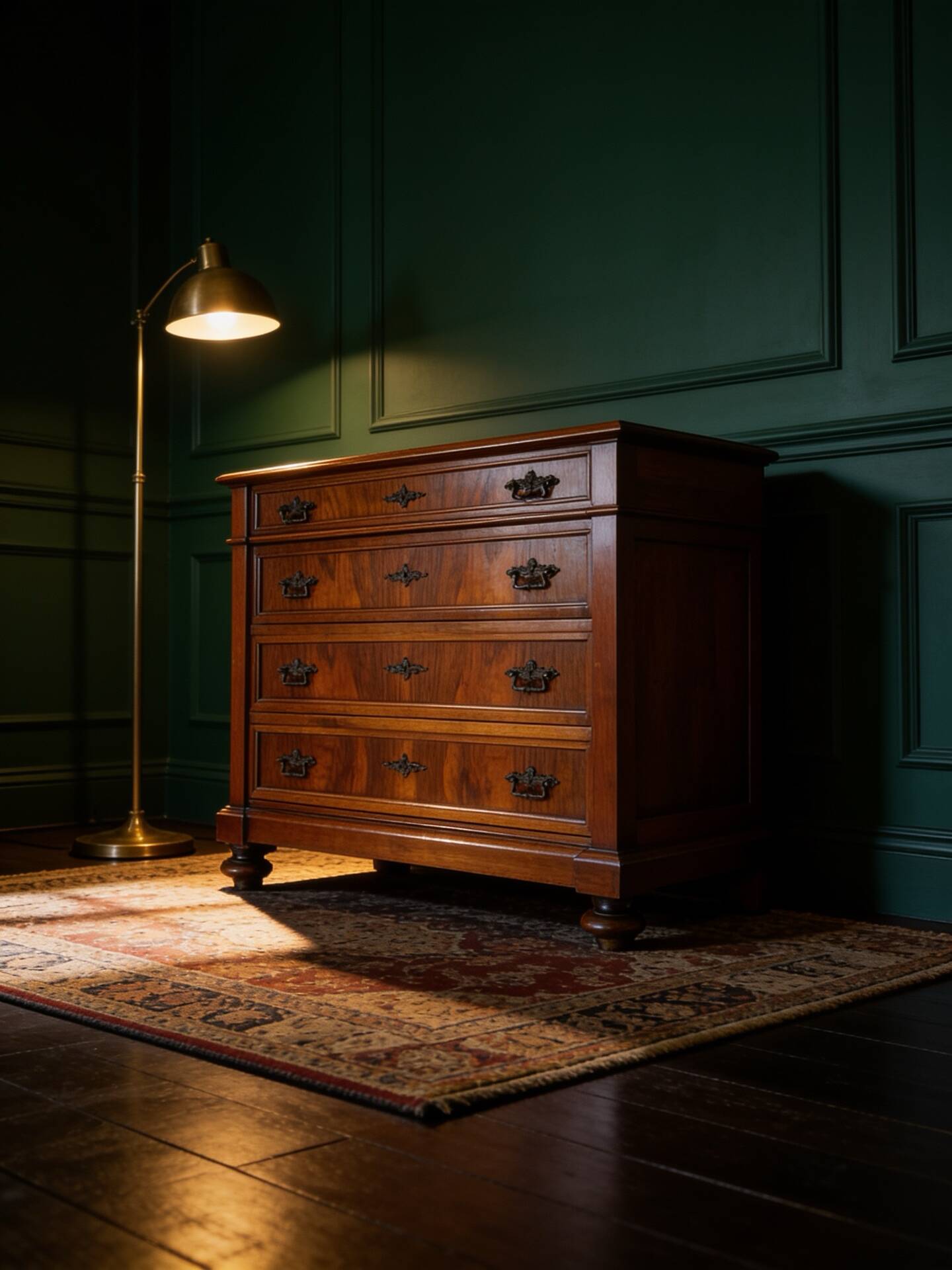 Antique walnut commode with bronze handles in the shape of a lion's mask,