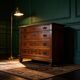 Antique walnut commode with bronze handles in the shape of a lion's mask,