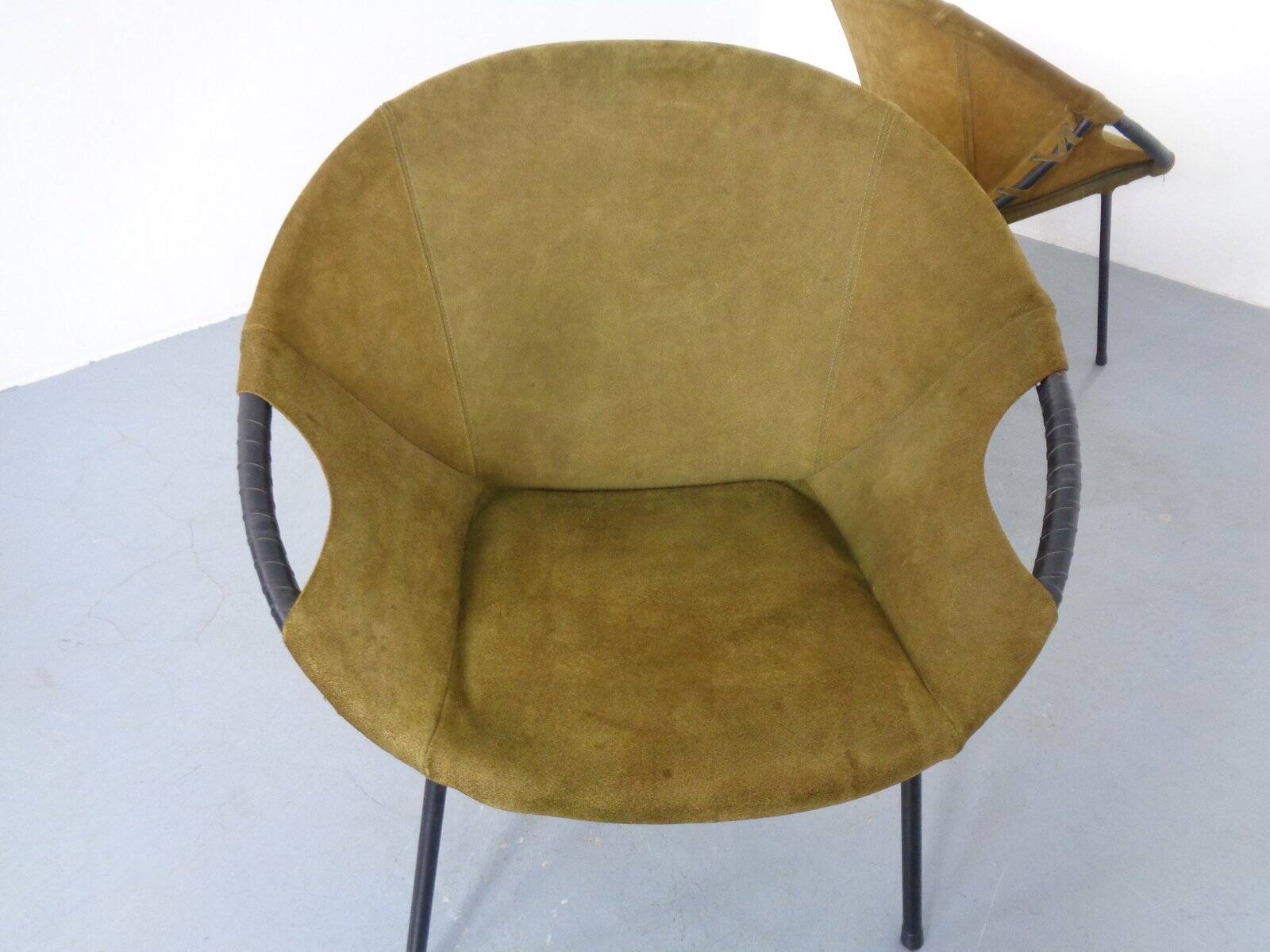 Olive Green Suede Balloon Chairs from Lusch, Germany, 1960s, Set of 2