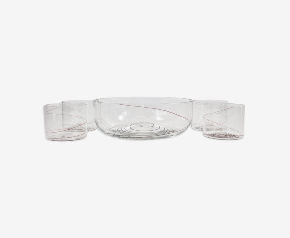 Bol avec quatre tasses verre de Murano flashy avec spirale rouge