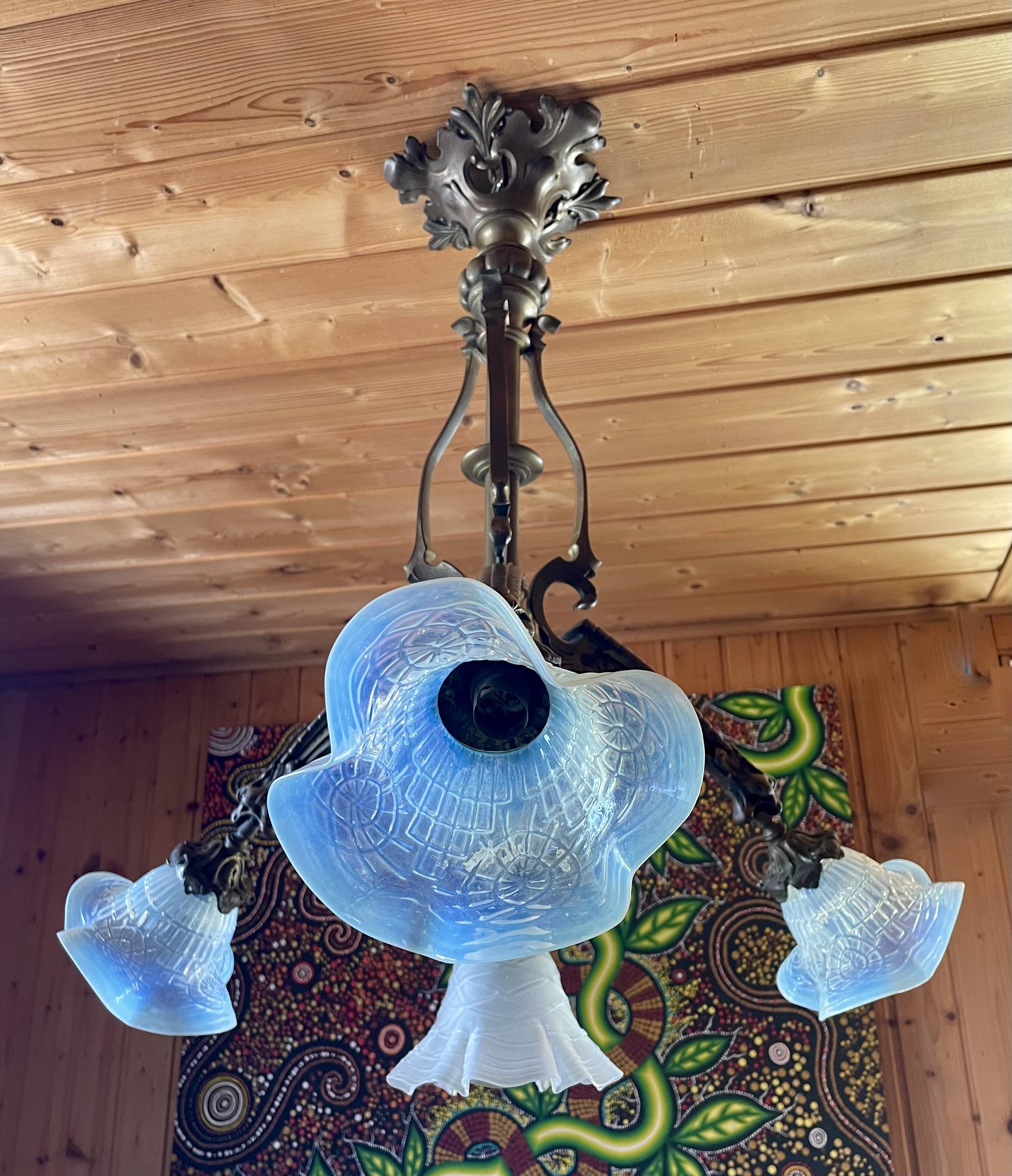 Large bronze chandelier, opaline tulip, early 20th century