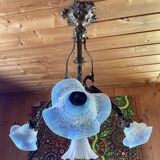 Large bronze chandelier, opaline tulip, early 20th century