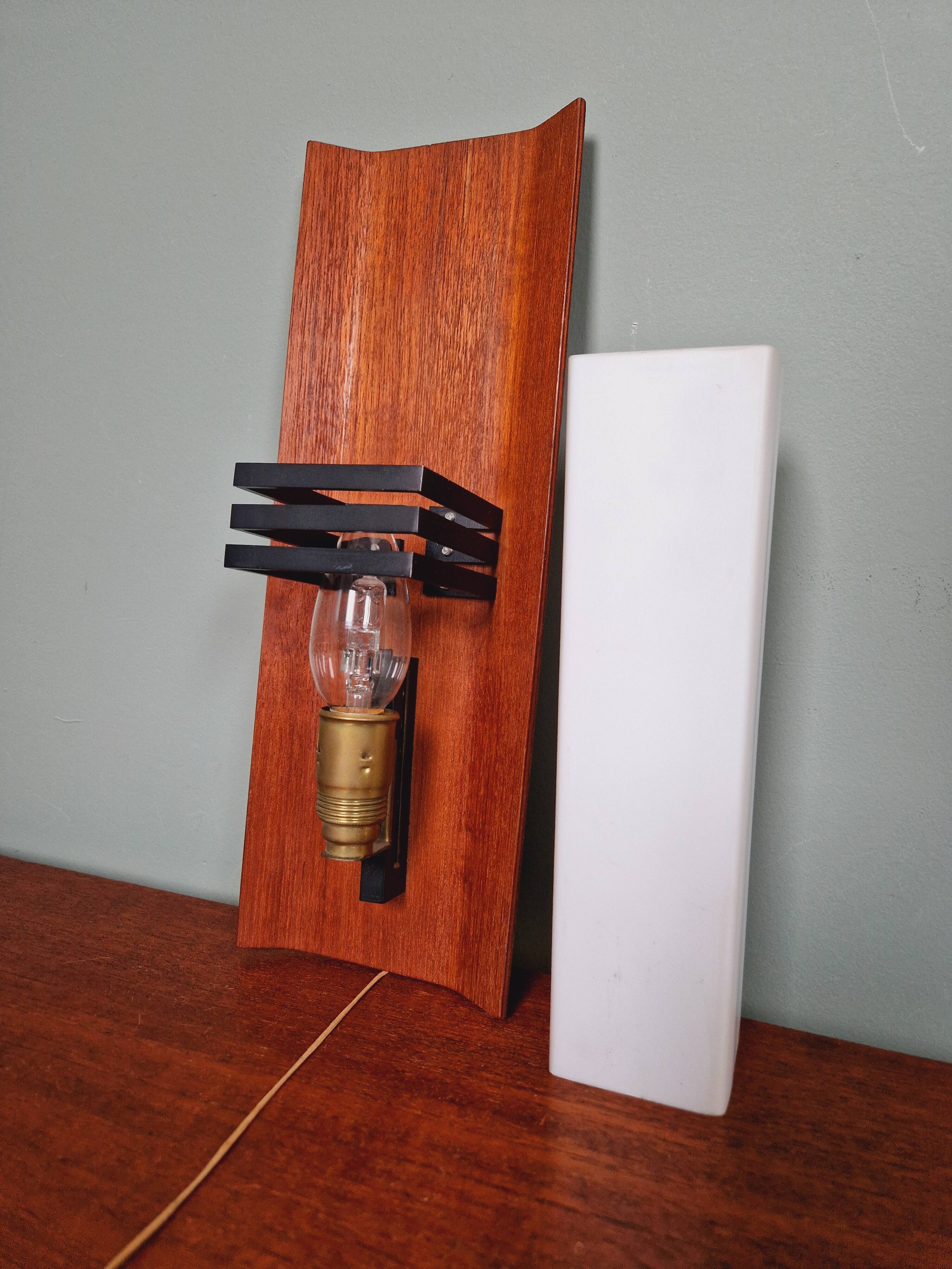Scandinavian wall light in opaline and teak, 1960s