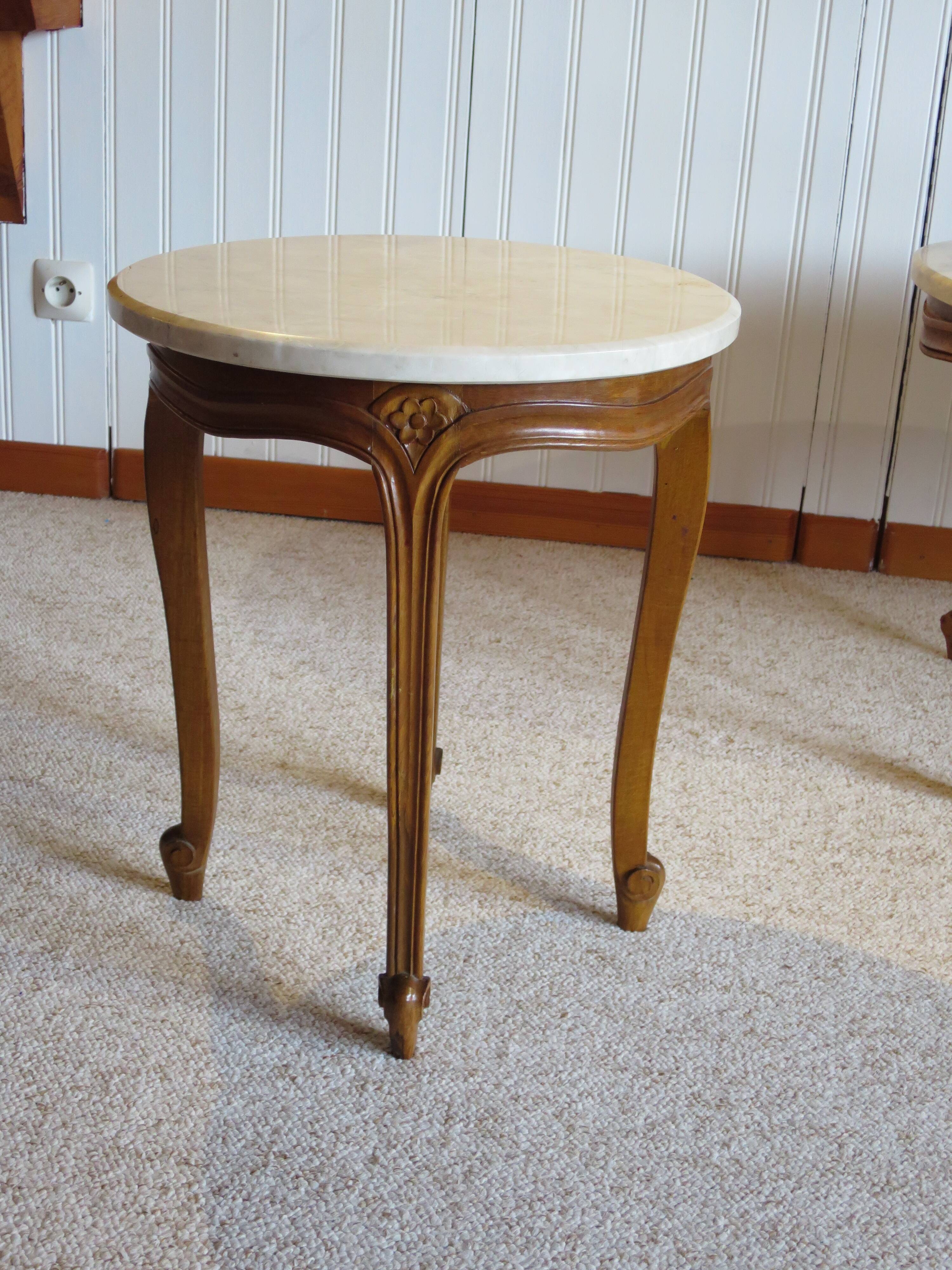 Round coffee table - Carved wood - White veined marble - Regency/Louis XV style