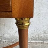 DeCoene antique wood writing desk with beige striped upholstered chair, brass-accented classic set