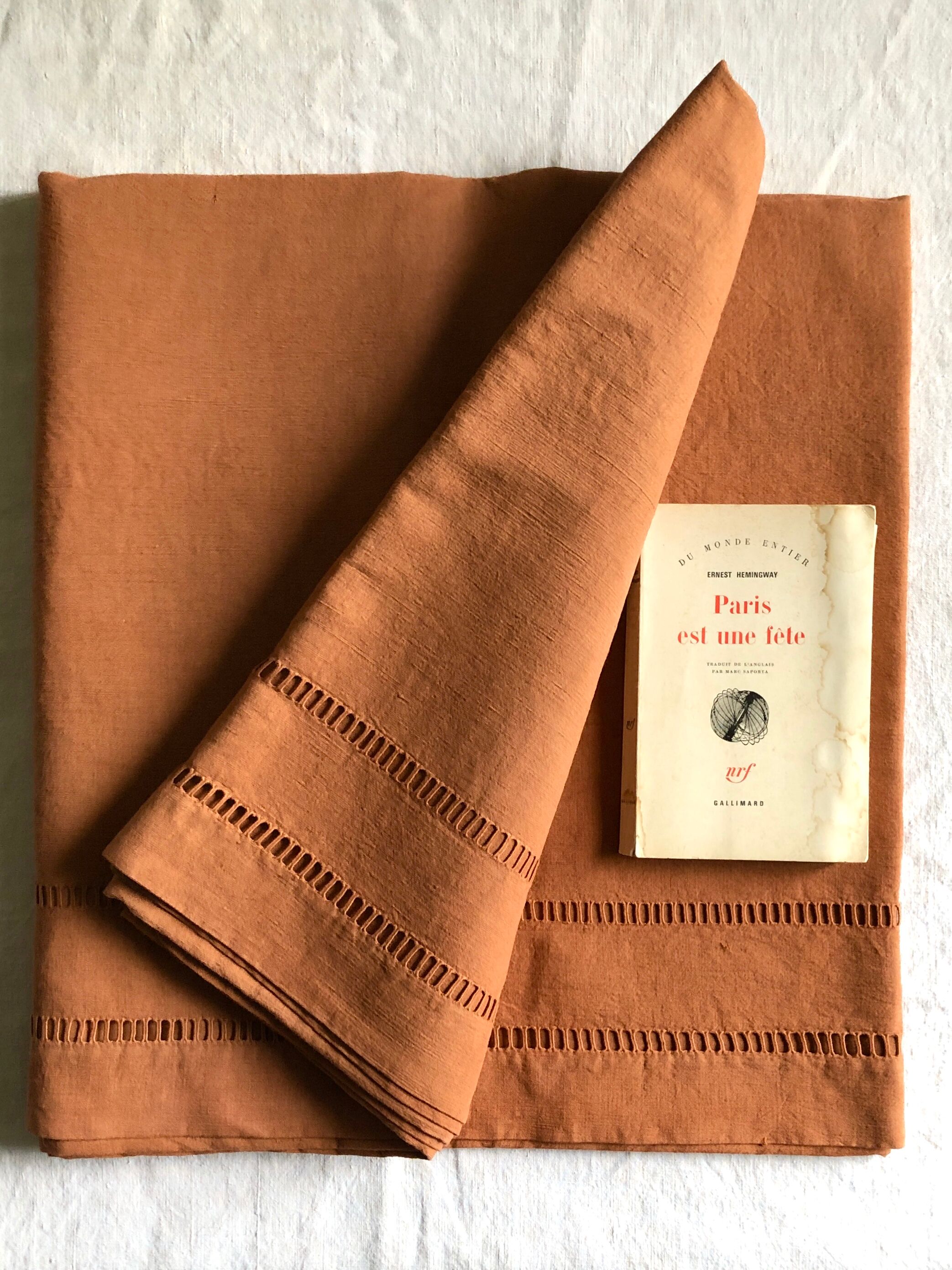 Antique linen and cotton towel dyed terracotta