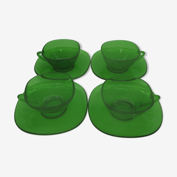Set de 4 tasses vintage Vereco soucoupes petit modèle vert émeraude