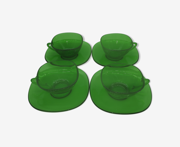 Set de 4 tasses vintage Vereco soucoupes petit modèle vert émeraude