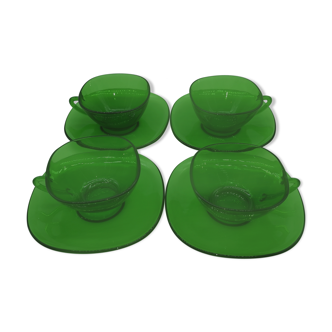 4 cups vintage vereco saucers small emerald green style