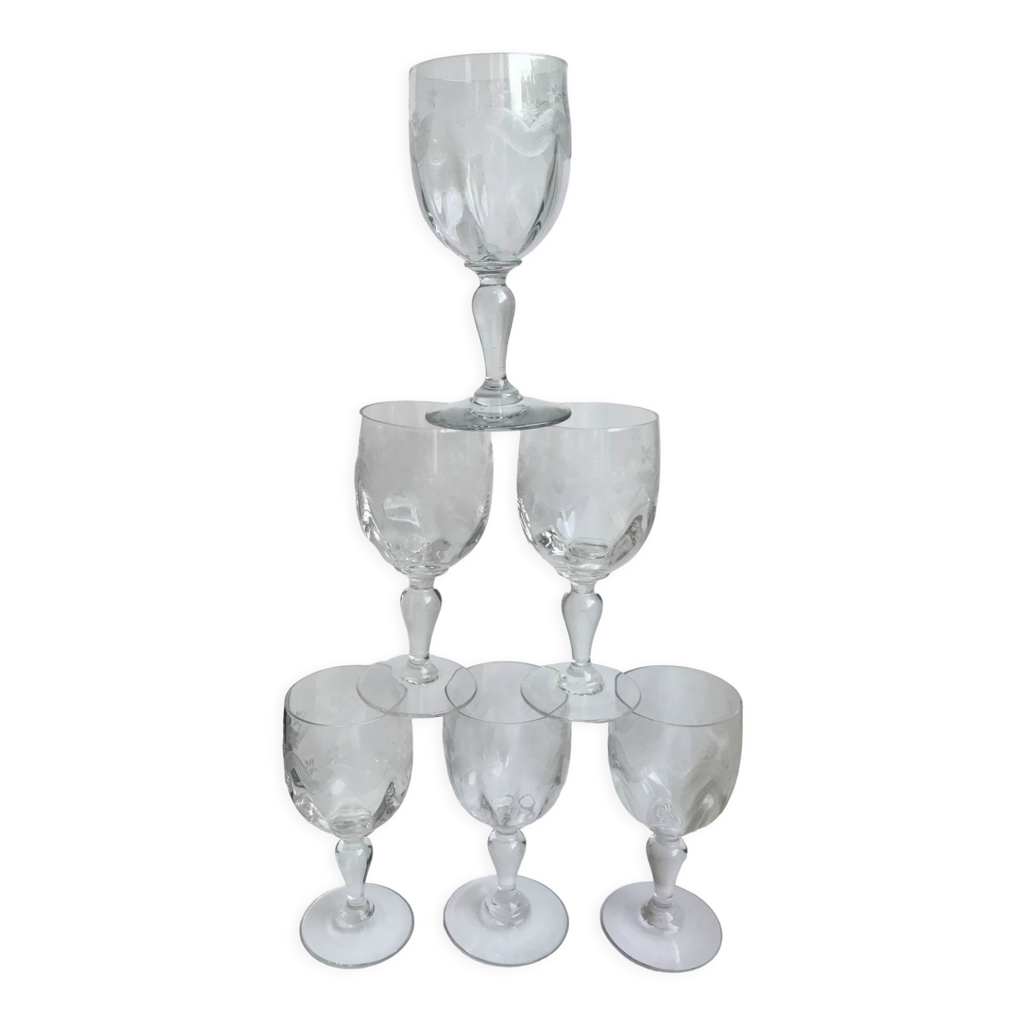 Lot de 6 verres à vin en cristal gravé début xxème
