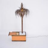 Italian Hollywood Regency Palm-shaped lamp in brass and wood with cabinet