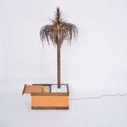 Italian Hollywood Regency Palm-shaped lamp in brass and wood with cabinet