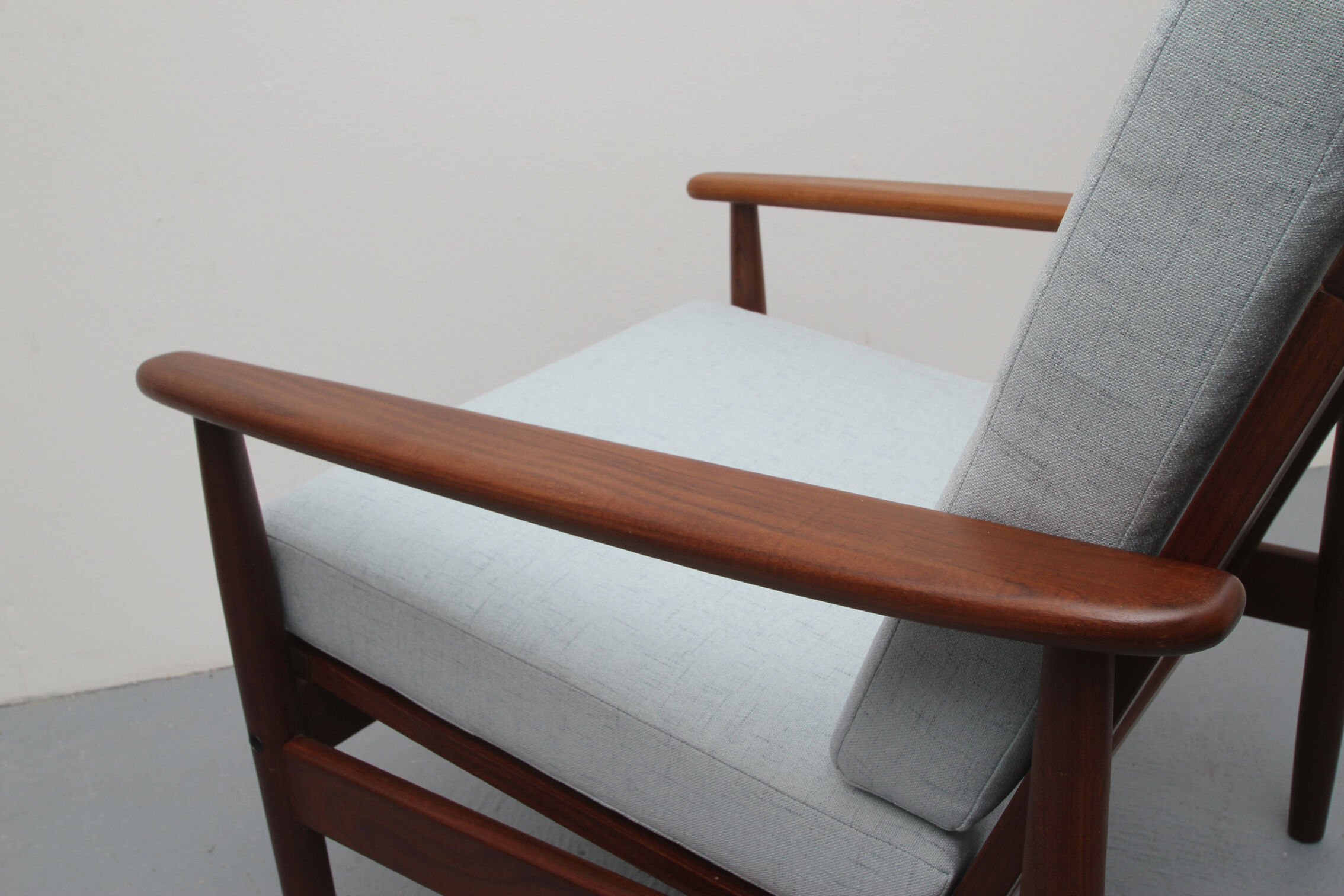 1960s teak armchair new cushions in grey-blue