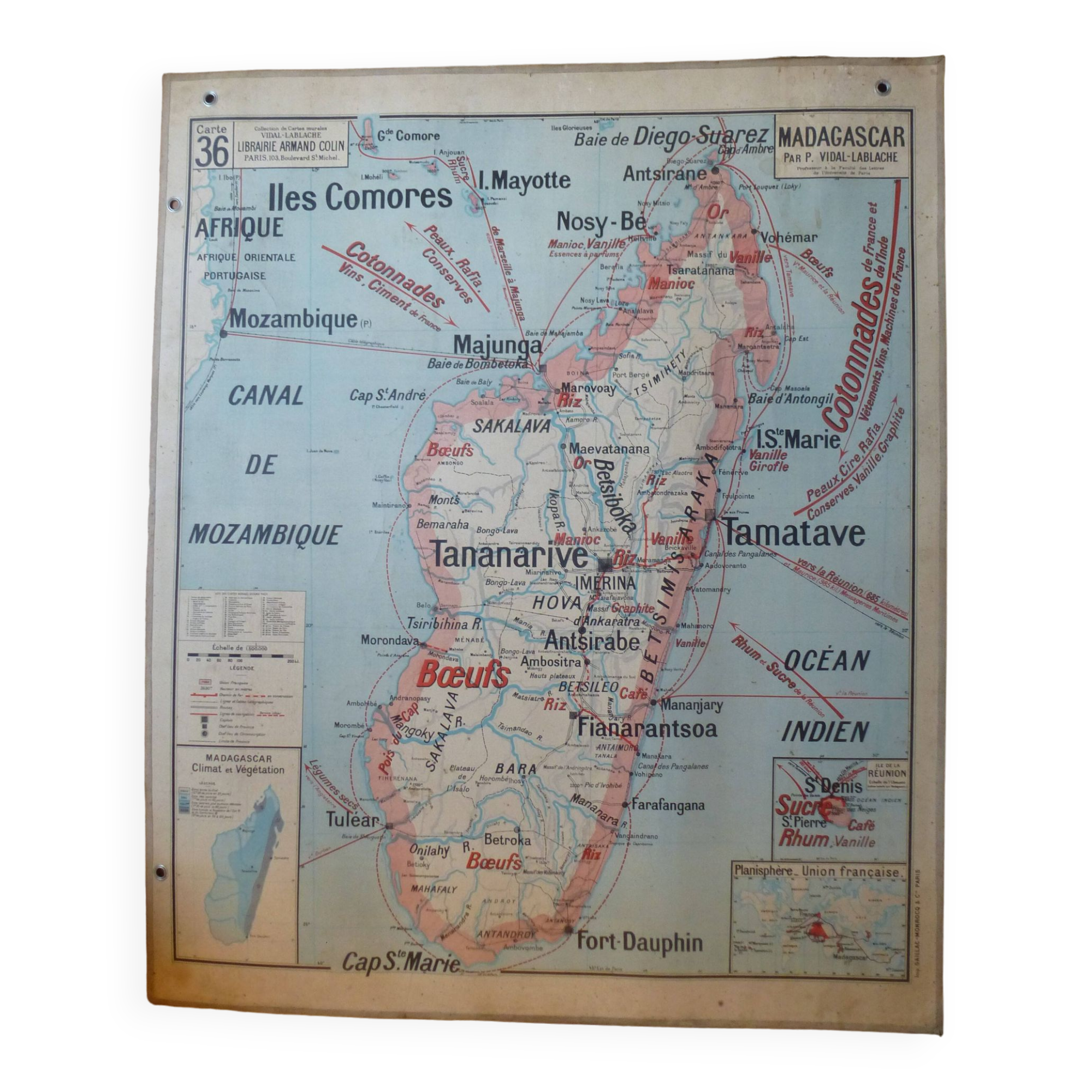 Old Madagascar / Indochina school map, ed. Vidal-Lablache 1930