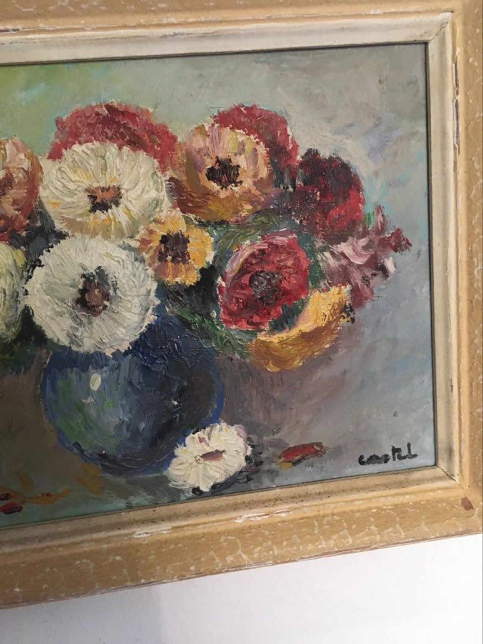 Painting still life "Bouquet of flowers in blue vase"