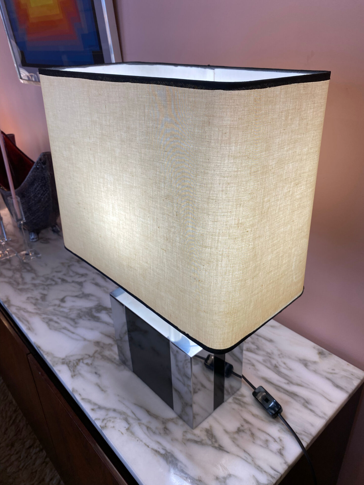 Metal lamp, black plexiglass and its original shade.