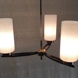 Modernist chandelier with 3 lights in metal, brass, and opaline globe - 1950s