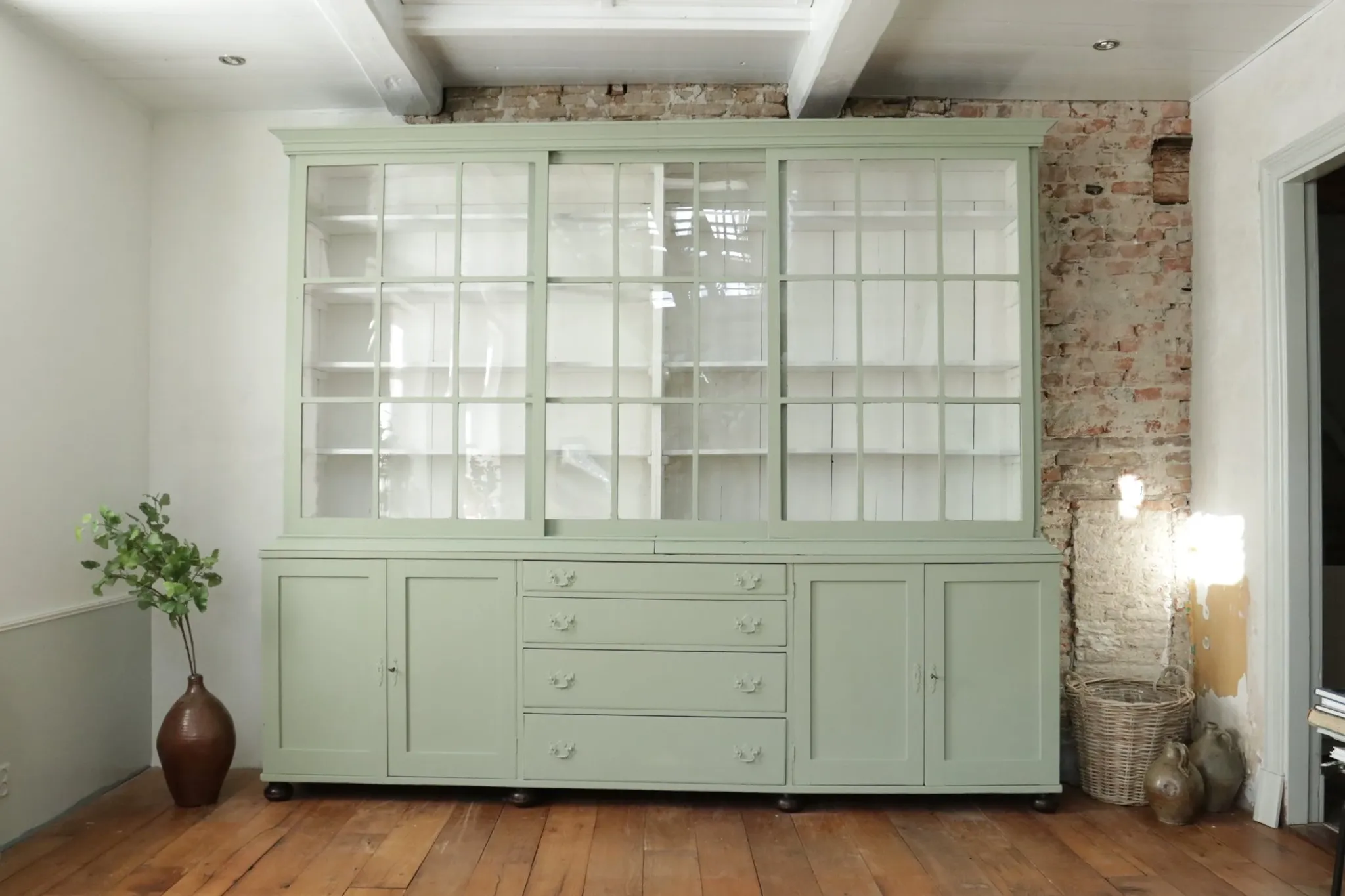 Large green display cabinet with sliding doors – two-part buffet, 219 cm