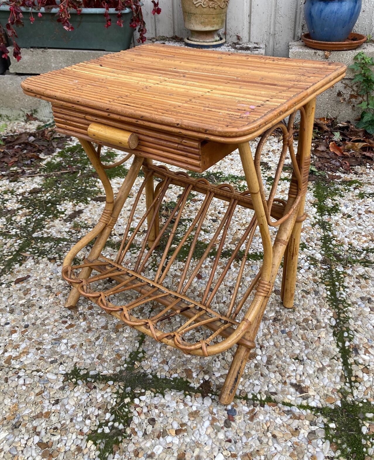 Vintage rattan magazine rack table