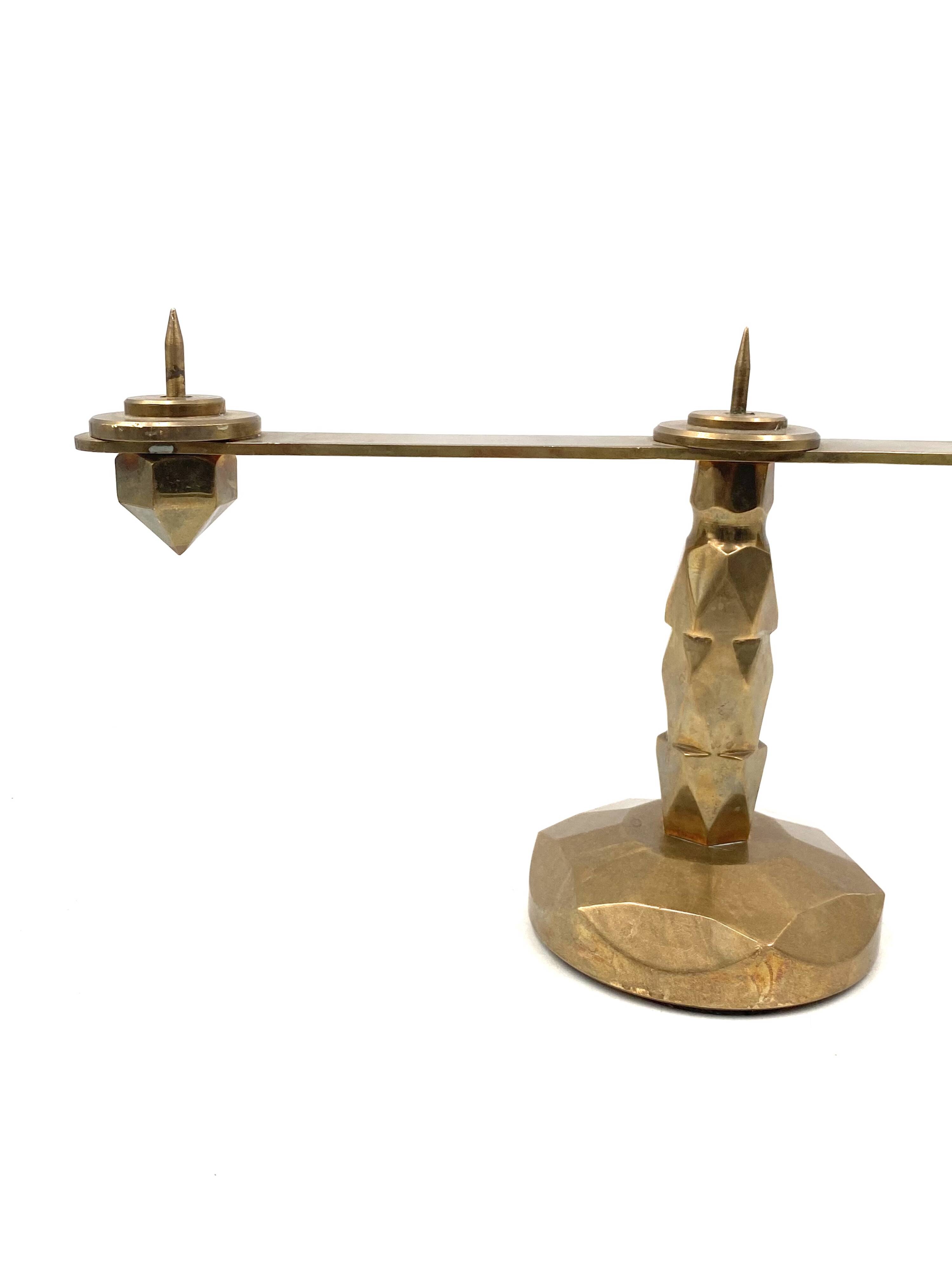 Brutalist brass pair of candle holders, France 1970