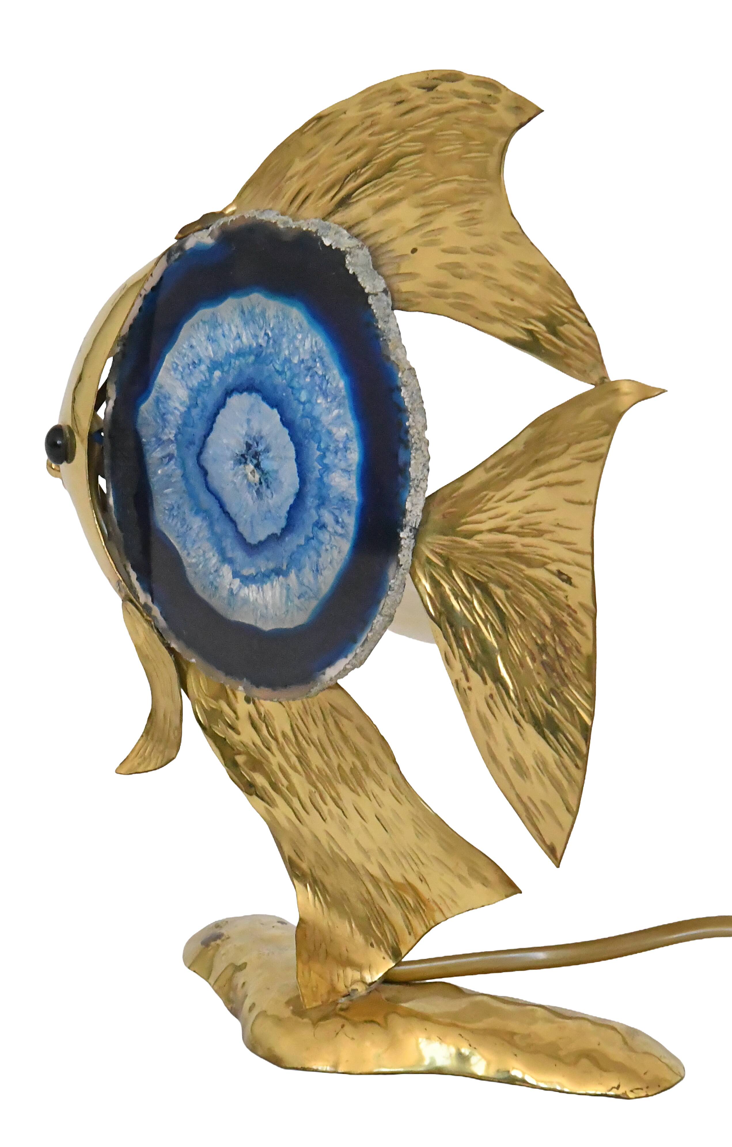 Angel fish lamp in gold metal and blue agate