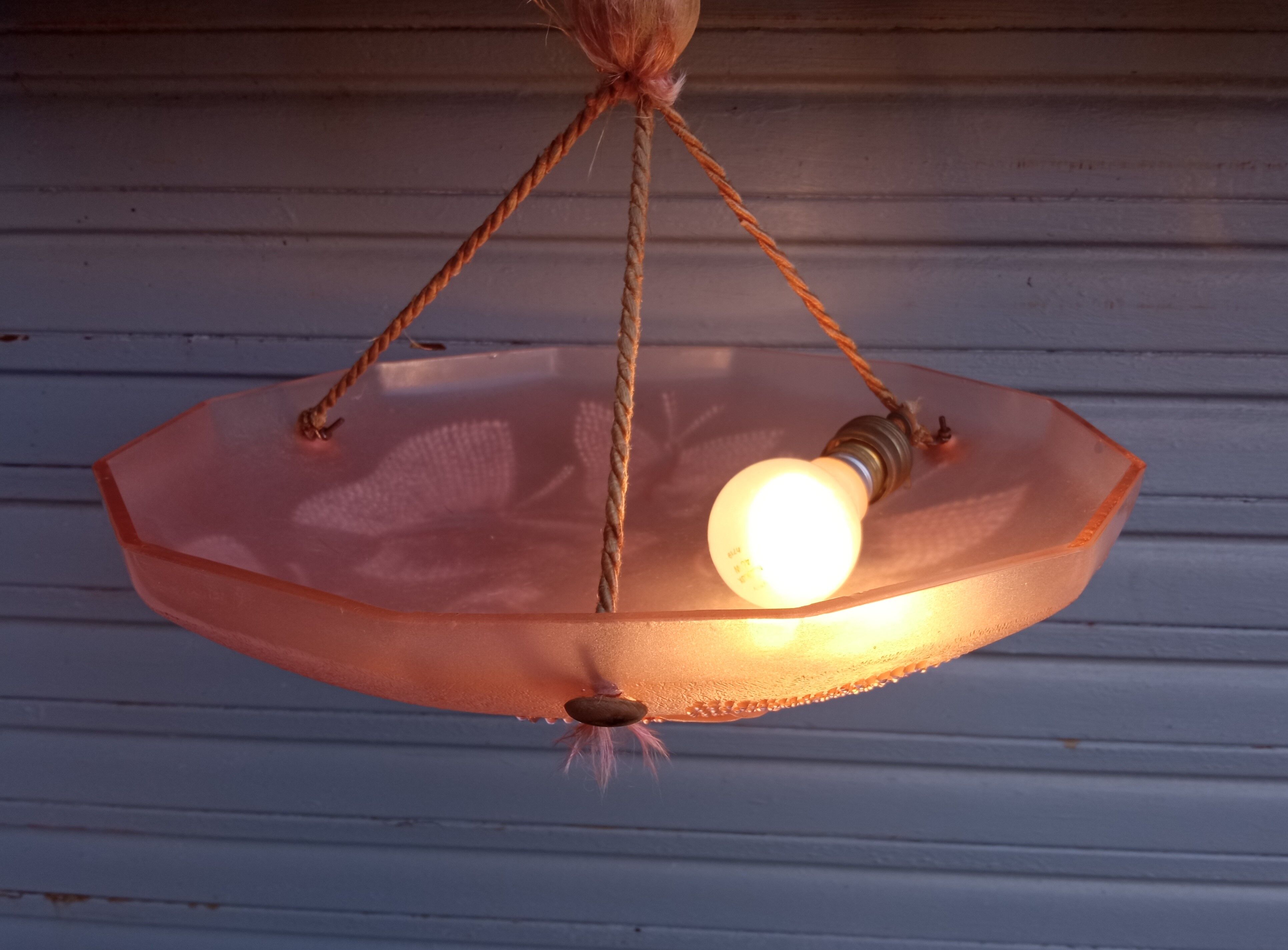 Art Deco ceiling lamp in pink pressed molded glass -