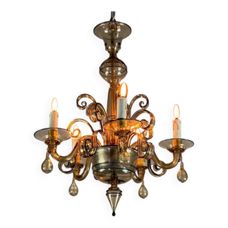 Lustre vénitien en verre de Murano mordoré souligné d’un filet noir, vers 1950