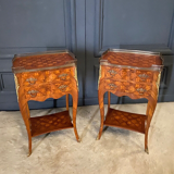 Pair of bedside tables Louis XV style marquetry with shamrocks and XXth bronze