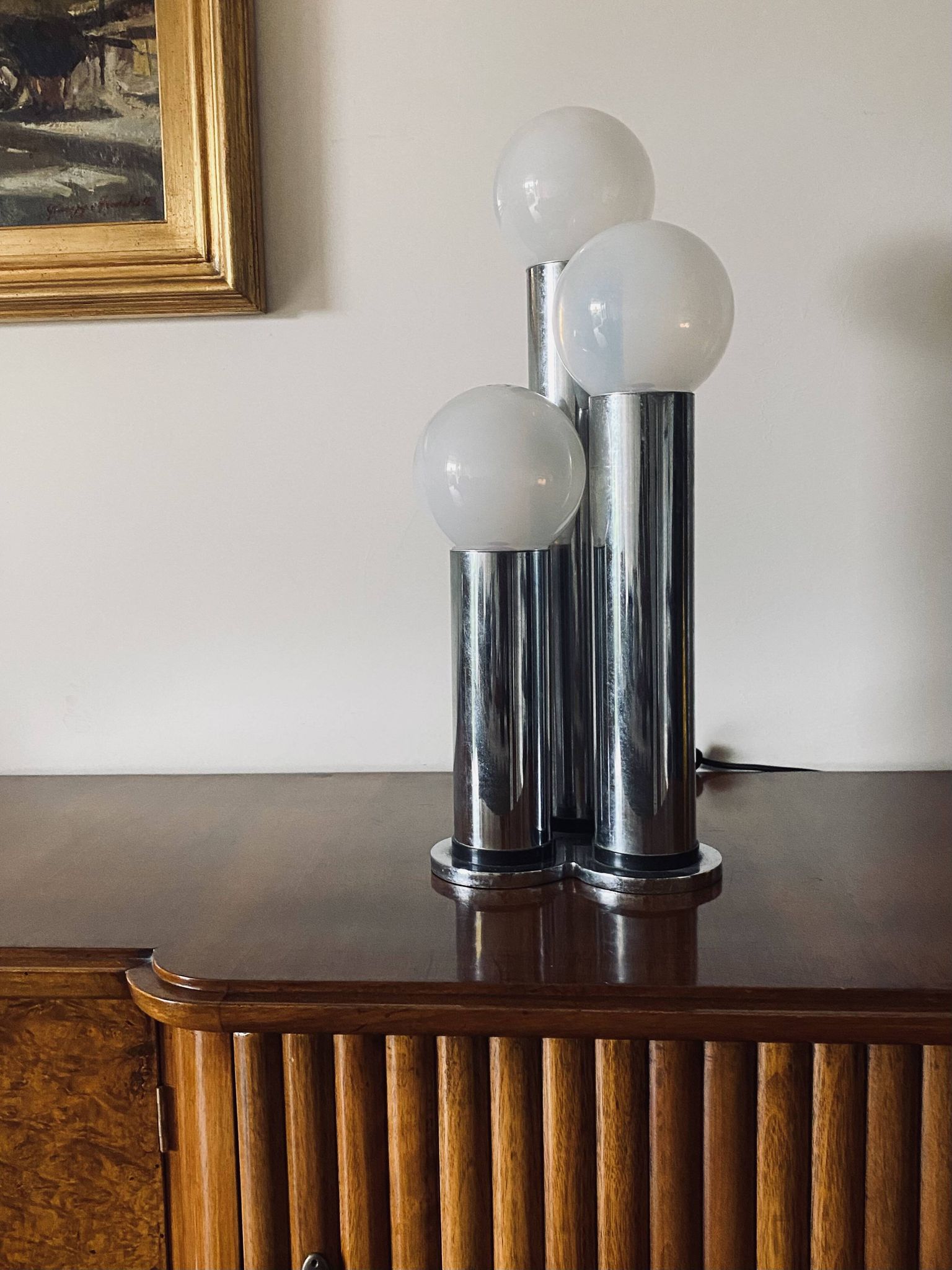 Hollywood regency 3 lights metal and opaline glass table lamp, Lama, Italy 1970s