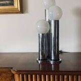 Hollywood regency 3 lights metal and opaline glass table lamp, Lama, Italy 1970s