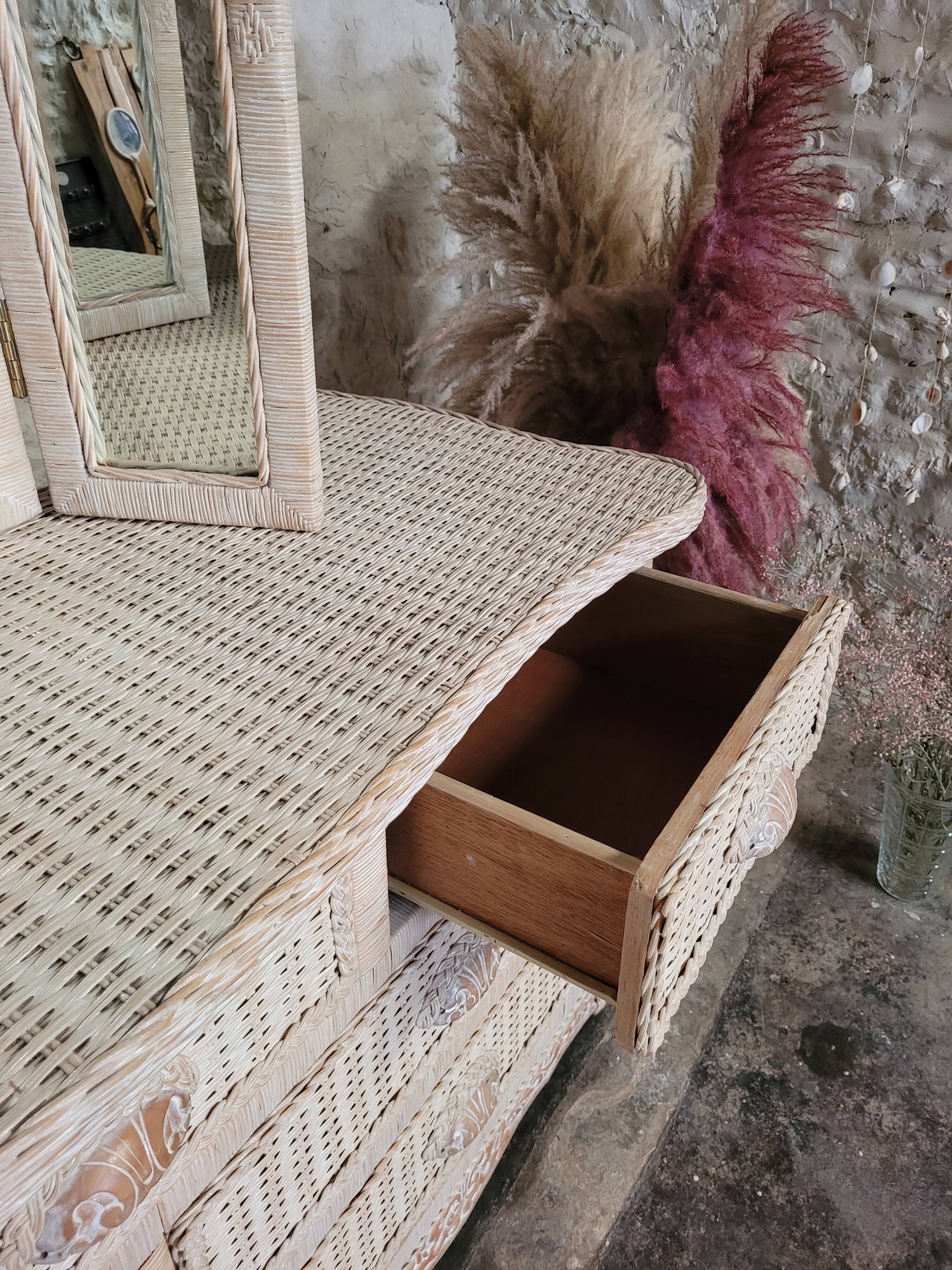 Rattan chest of drawers 80s and its mirror