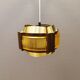 Danish hanging lamp, made in brass colored and brown metal, with yellowish hard pressed plastic deta
