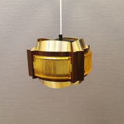 Danish hanging lamp, made in brass colored and brown metal, with yellowish hard pressed plastic deta