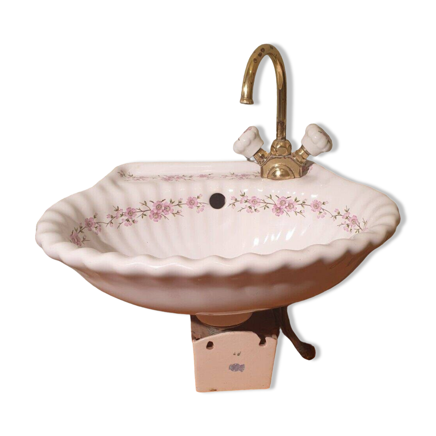 Small vintage sink paris porcelain les bains decorated with peach blossoms