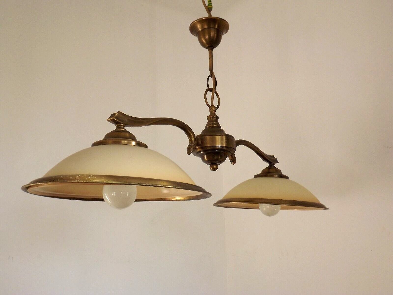 French Mid Century Bronze Billiard Light 2 Cream Amber Round Glass Shades 3921